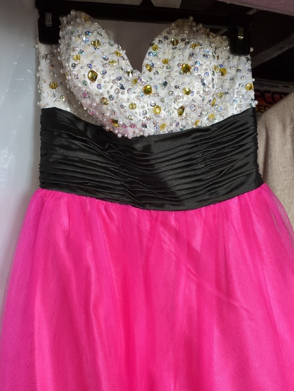 Vintage Size 8 Pink Tulle Party Dress with Beaded White Bodice  Black Waistband